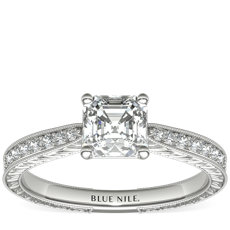 Hand-Engraved Micropavé Diamond Engagement Ring in 14k White Gold (1/6 ct. tw.)